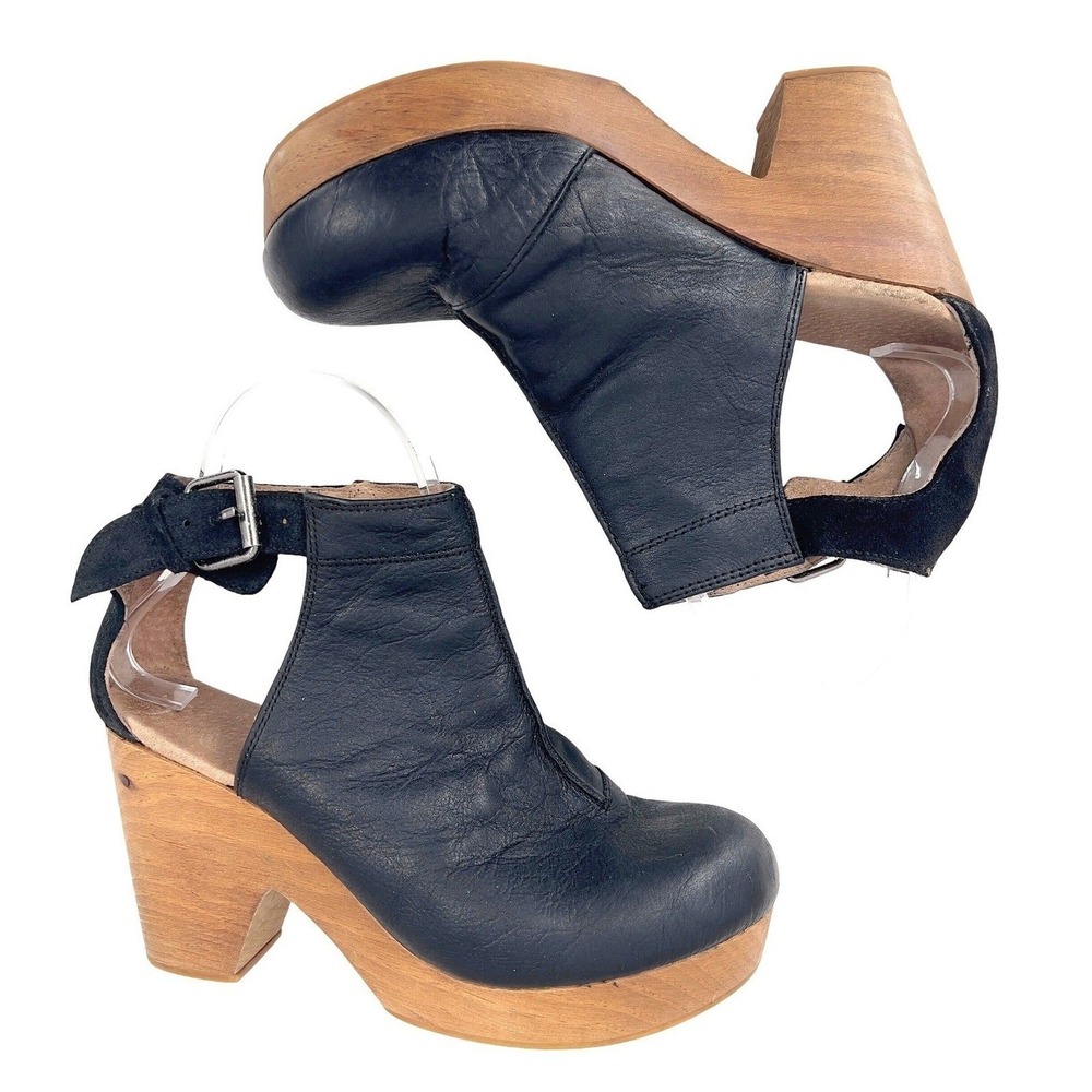 Vtg Womens Black Leather Platform‎ Clog Wood Heel Ankle Strap Spain 6.5 37